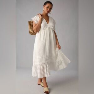 NWT By Anthropologie V-Neck Ruffled Tiered Babydoll White Dress
